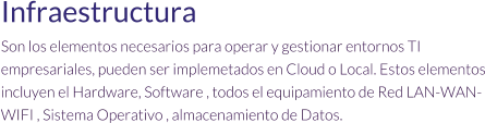 Infraestructura Son los elementos necesarios para operar y gestionar entornos TI empresariales, pueden ser implemetados en Cloud o Local. Estos elementos incluyen el Hardware, Software , todos el equipamiento de Red LAN-WAN-WIFI , Sistema Operativo , almacenamiento de Datos.